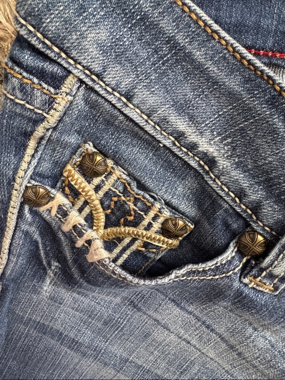 Antique Rivet Low-Rise Cotton Blue Flare Jeans with Subtle Distress - Picture 6 of 12